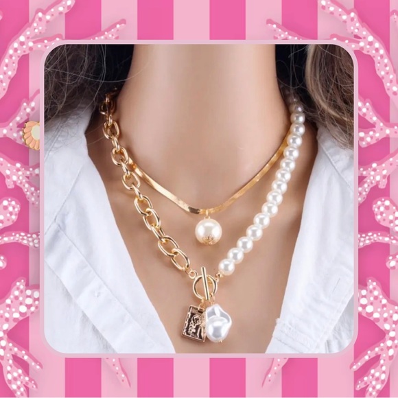 🤍🆕 NWOT Trendy Pearl Gold Fusion Layered Necklace - Picture 3 of 5